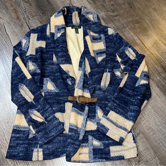 LRL Lauren Jeans Co. Womens Blazer Jacket Blue Geometric Buckle Collar Sz L EUC - Picture 1 of 5